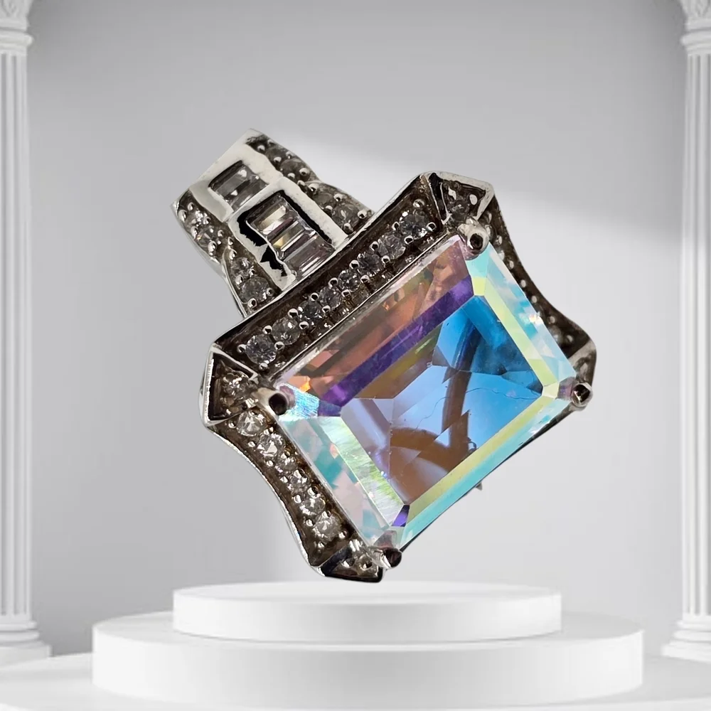 Mercury Mystic Topaz, White Zircon Ring In Platinum Over Sterling. Size 5 NWOT
